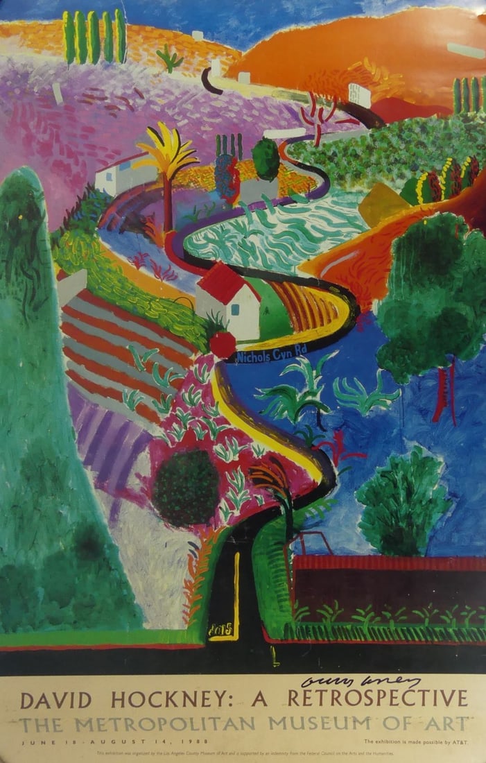 DAVID HOCKNEY 'NICHOLS CANYON' SIGNED POSTER: David Hockney 'Nichols Canyon' poster for A Retrospective at The Metropolitan Museum of Art. Signed in black marker. Sheet measures 39" x 24".