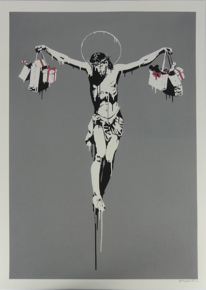 BANKSY 'CHRIST WITH SHOPPING BAGS': Banksy 'Christ with Shopping Bags' print in colors on wove paper. Signed and dated in the plate lower right. Sheet measures 27 1/4" x 19 1/4".
