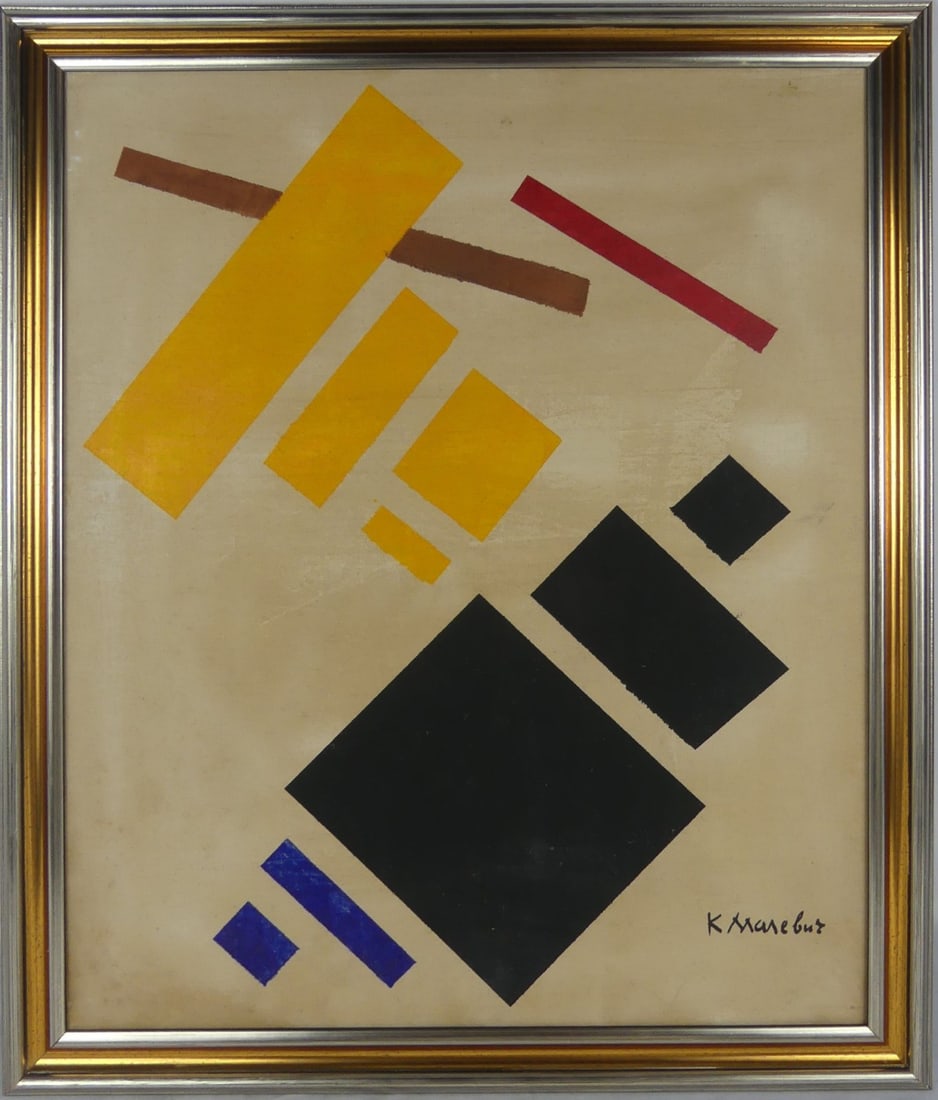 KASIMIR MALEVICH (AFTER) COMPOSITION OIL ON CANVAS: After Kasimir (Kazimir) Severinovich Malevich (Russian, 1878-1935) oil painting on canvas mounted to board. Depicts an abstract composition. Signed lower right. Viewable measures 20 3/4" x 17 1/2". Fr