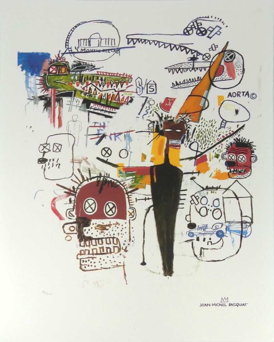JEAN-MICHAEL BASQUIAT 'HEADS AND ALLIGATORS' LITHO: Jean-Michael Basquiat 'Heads and Alligators' lithograph. Signed in the plate lower right. Numbered in pencil lower left and holds blindstamp lower left. Sheet measures 27 5/8" x 19 3/8".