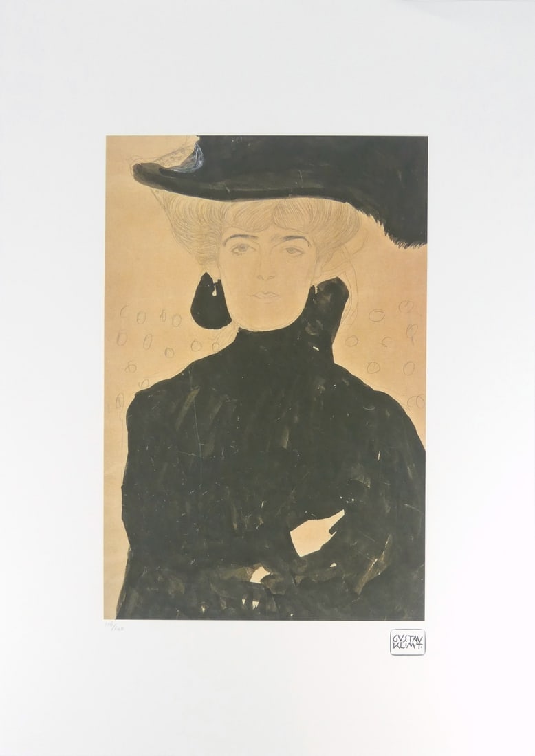 GUSTAV KLIMT 'LADY WITH PLUMED HAT' LITHOGRAPH: Gustav Klimt 'Lady with Plumed Hat' lithograph. Signed in the plate lower right. Numbered in pencil 106/200 and holds blindstamp lower left. Sheet measures 27 5/8" x 19 5/8".