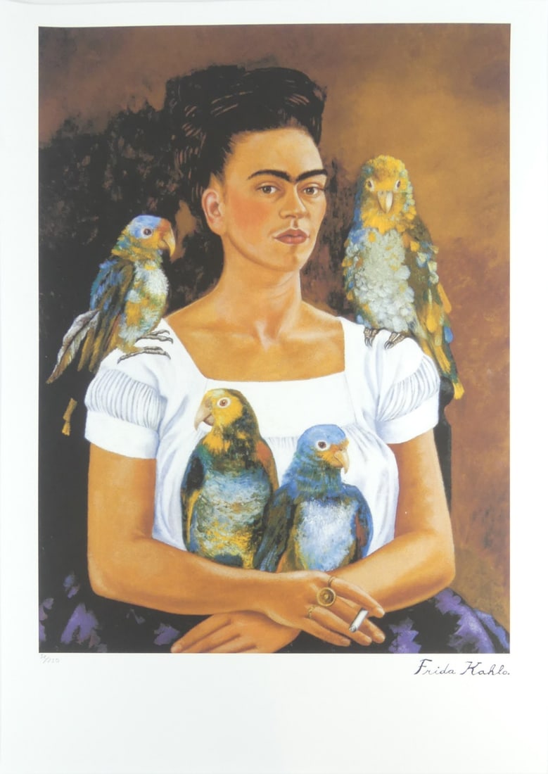 FRIDA KAHLO 'YO Y MIS PERICOS' LITHOGRAPH: Frida Kahlo 'Me and My Parrots' lithograph. Signed in the plate lower right. Numbered in pencil 52/250 and holds blindstamp lower left. Sheet measures 27 1/2" x 19 5/8".
