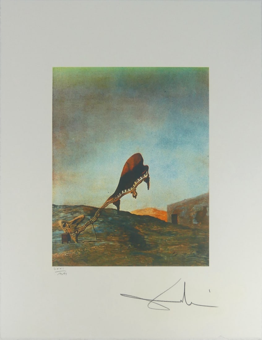 SALVADOR DALI 'SKULL WITH IT'S LYRIC' LITHOGRAPH: Salvador Dali 'Skull with it's Lyric Appendage' lithograph. Hand signed lower right. Numbered in pencil 521/2000 lower left and holds blindstamp to lower edge. Sheet measures 26" x 19 3/4".