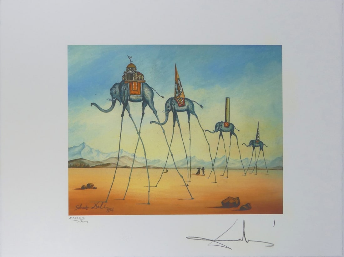 SALVADOR DALI 'THE ELEPHANTS' LITHOGRAPH: Salvador Dali 'The Elephants' lithograph. Hand signed lower right. Numbered in pencil lower left and holds blindstamp to lower edge 1913/2000 to lower left. Sheet measures 26" x 19 3/4".