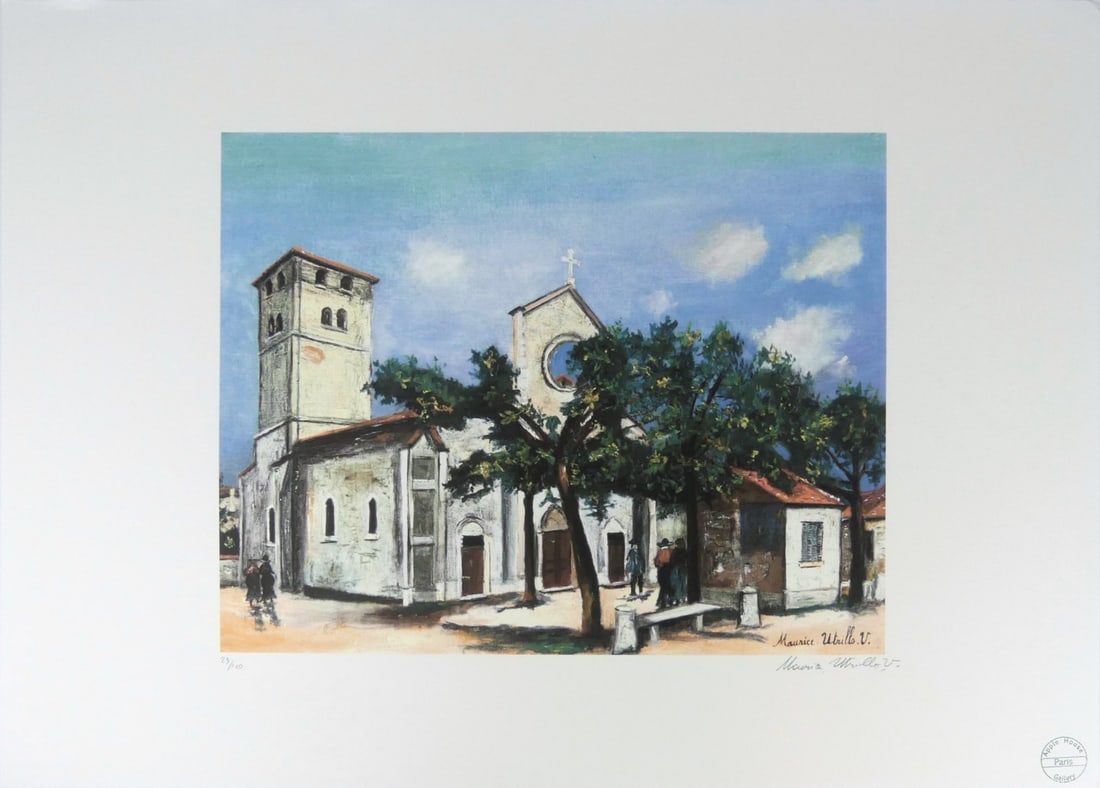 MAURICE UTRILLO 'EGLISE DE PROVENCE' LITHOGRAPH: Maurice Utrillo 'Eglise de Provence' lithograph. Pencil signed and numbered 29/100 to lower margin. Holds blindstamp lower left. Sheet measures 27 5/8" x 19 5/8".