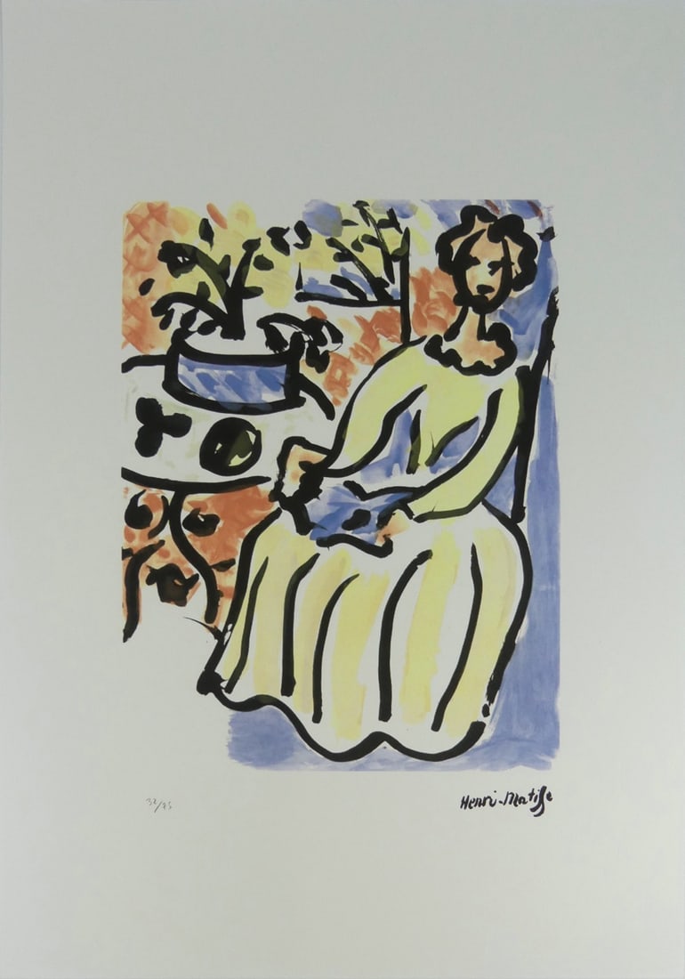 HENRI MATISSE 'MARIE-JOSE EN ROBE JAUNE' LITHO: Henri Matisse 'Marie-Jose en Robe Jaune' lithograph. Signed in the plate lower right. Numbered in pencil 32/75 and holds blindstamp lower left. Sheet measures 27 5/8" x 19 5/8".