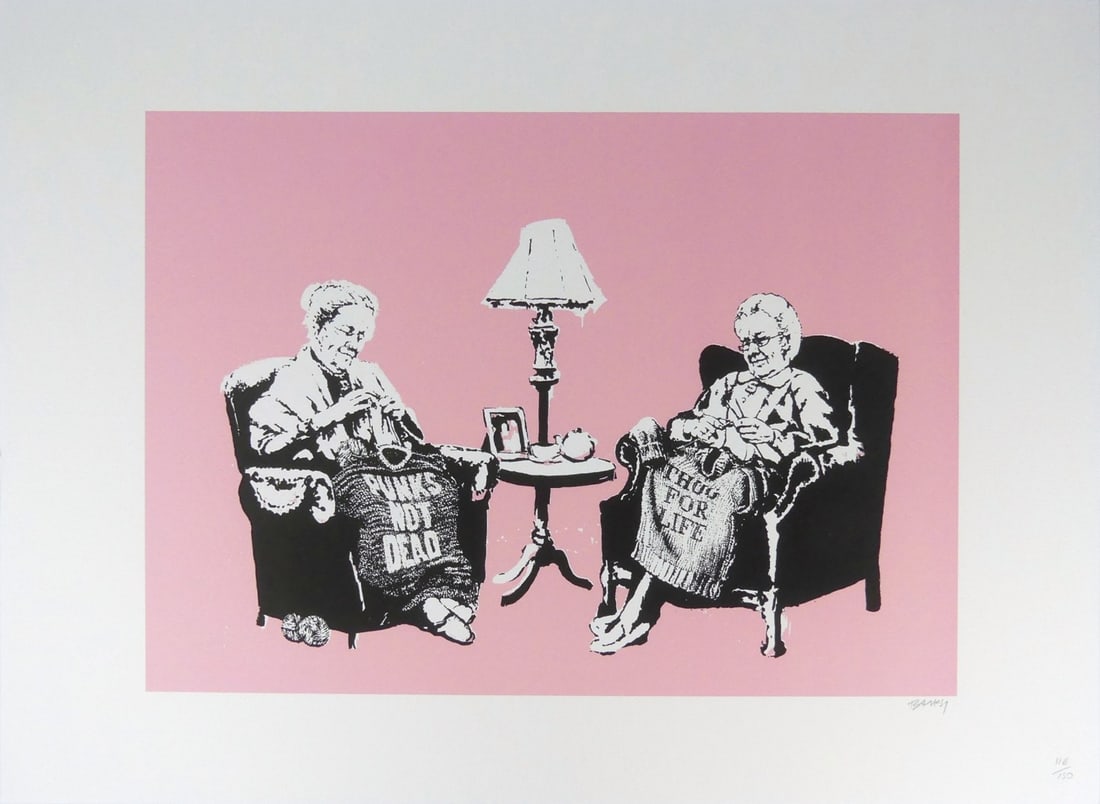 BANKSY 'GRANNIES' LITHOGRAPH: Banksy 'Grannies' lithograph. Pencil signed and numbered 116/150 lower right. Holds blindstamp lower left. Sheet measures 27 5/8" x 19 5/8".