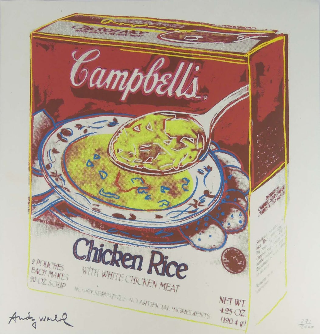 ANDY WARHOL 'CAMPBELL'S SOUP BOX' LITHOGRAPH: Andy Warhol 'Campbell's Soup Box: Chicken Rice' lithograph. Signed in the plate lower left. Numbered in pencil 271/2400 lower right. Stamped to verso. Sheet measures 23 5/8" x 23 5/8".
