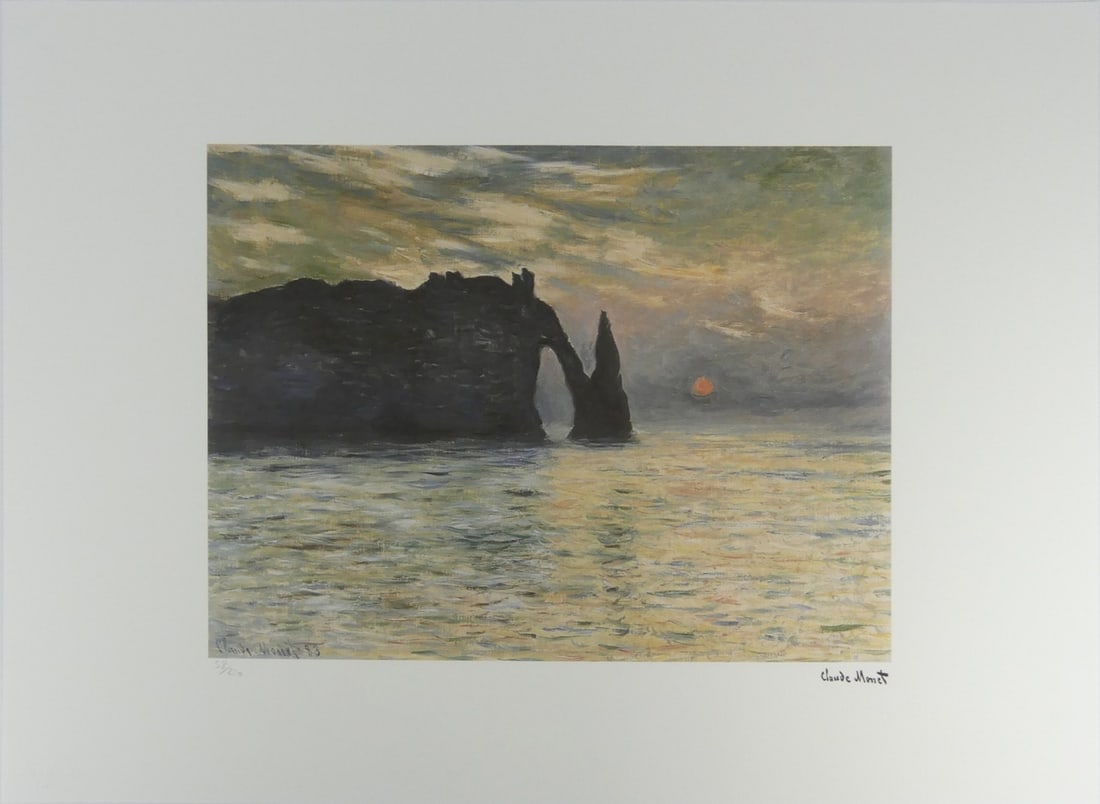 CLAUDE MONET 'CLIFF AT ETRETAT' LITHOGRAPH: Claude Monet 'The Manneport, Cliff at Etretat, Sunset' lithograph. Signed in the plate lower right. Numbered in pencil 58/250 and holds blindstamps lower left. Sheet measures 27 5/8" x 19 5/8".