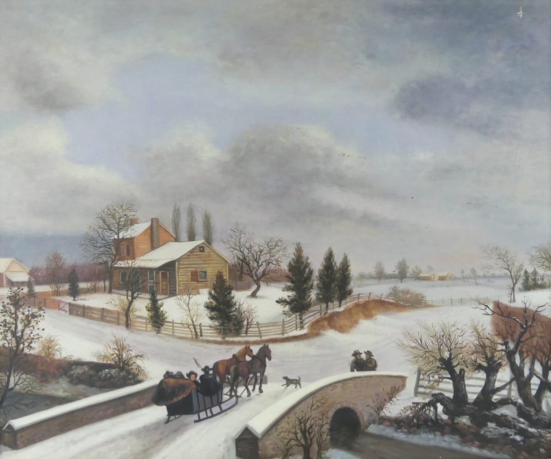 SNOWY WINTER FARM OIL PAINTING ON CANVAS (1 of 5)