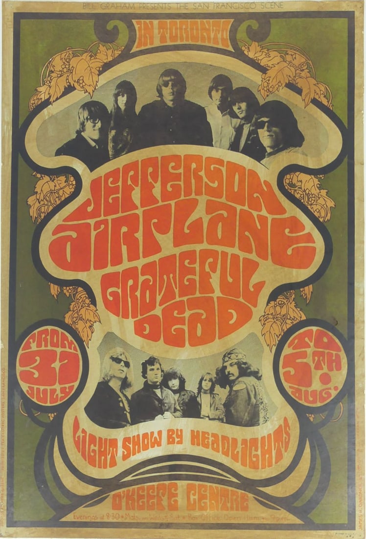 JEFFERSON AIRPLANE / GRATEFUL DEAD CONCERT POSTER: Jefferson Airplane and Grateful Dead concert poster designed by James Gardner. Bill Graham Presents The San Francisco Scene for a series of shows in Toronto from 31 July to 5th Aug, 1967. Mounted to c