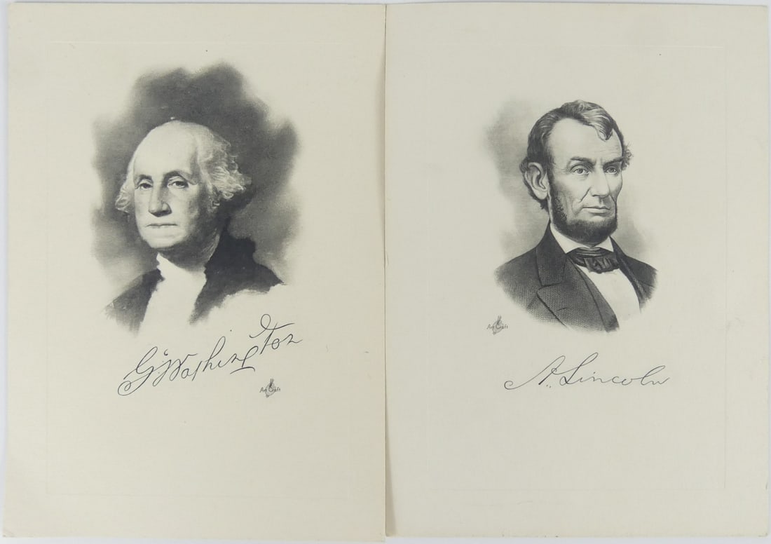 2pc GEORGE WASHINGTON & ABRAHAM LINCOLN PRINTS: Two embossed prints, likely sheet-fed gravures depicting portraits of George Washington and Abraham Lincoln. Each signed in the plate and measures 7" x 5".