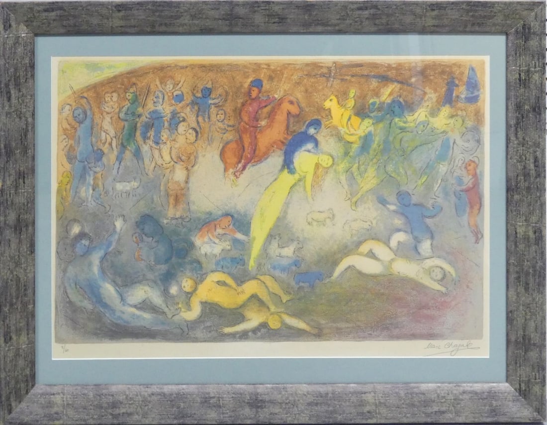 ABDUCTION OF CHLOE AFTER MARC CHAGALL: 'Abduction of Chloe' print in colors after Marc Chagall. Pencil signed lower right. Numbered in pencil 9/60 lower left. Viewable measures 29" x 20". Frame measures 36" x 28" x 1 1/2".