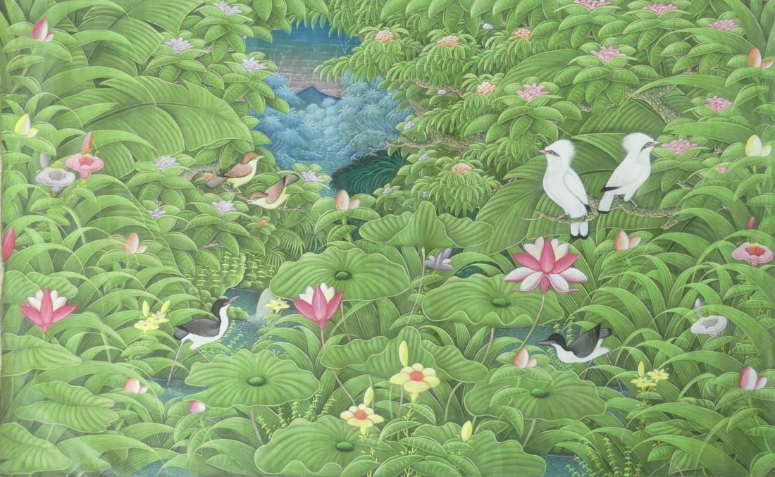 BALINESE 'BIRDS & FLOWERS' PAINTING: Balinese painting on fabric depicting birds in a tropical landscape. Measures 54 1/4" x 35".