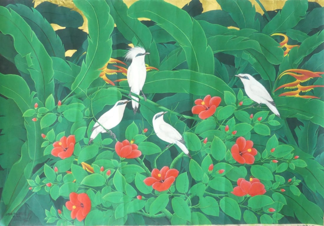 BALINESE 'STARLINGS & BLOSSOMS' PAINTING: Balinese painting on fabric depicting white starlings in a tropical landscape. Signed lower left. Measures 52 3/4" x 36 1/4".