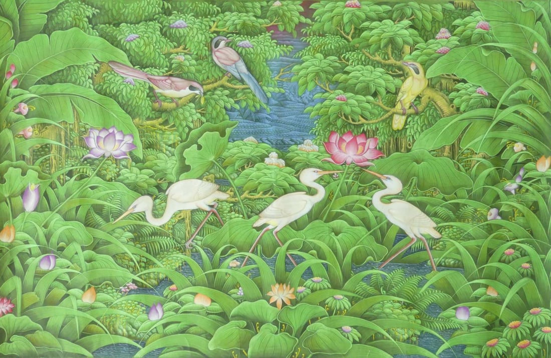 BALINESE 'TROPICAL JUNGLE LANDSCAPE' PAINTING: Balinese painting on fabric depicting various birds in a tropical jungle landscape. Measures 54 1/2" x 34 1/2"