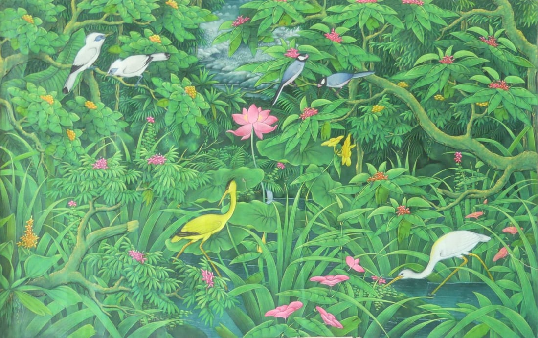 BALINESE 'TROPICAL JUNGLE LANDSCAPE' PAINTING: Balinese painting on fabric depicting various birds in a tropical jungle landscape. Measures 54" x 34 1/4"