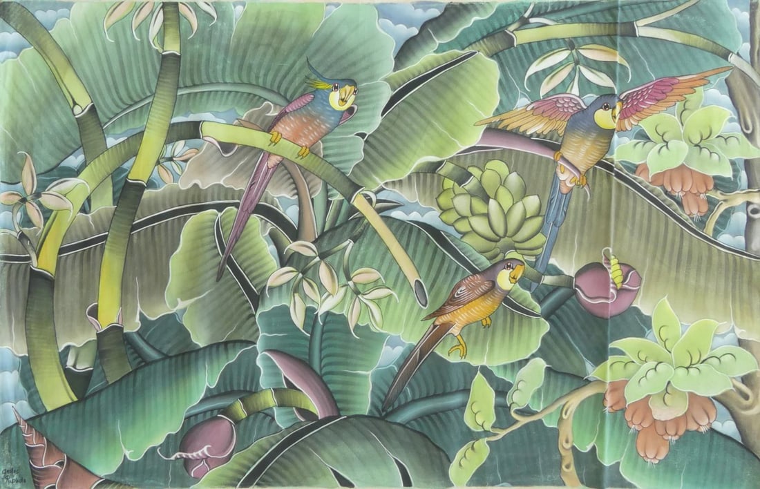 BALINESE 'PARROTS & BANANA TREES' PAINTING: Balinese painting on fabric depicting parrots and banana trees. Signed Gedes Ribudo lower left. Measures 54 1/2" x 34".
