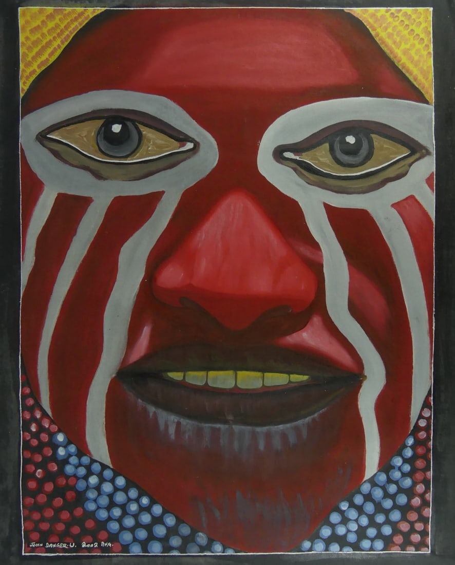 JOHN DANGER PAPUA NEW GUINEA WARRIOR PAINTING: John Danger Papua New Guinea painting on canvas depicting a warrior. Signed lower left. Measures 34 1/2" x 26 1/2".