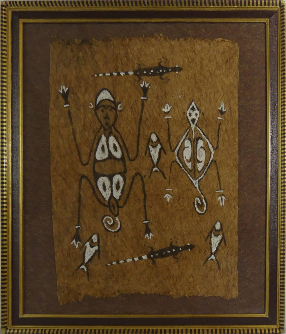 TAPA PAPUA NEW GUINEA BARK CLOTH PAINTING: Southeast Asian Tribal Tapa / Kapa barkcloth painting. Cloth measures 21" x 14'. Frame measures 25 1/2" x 21 1/2" x 1".