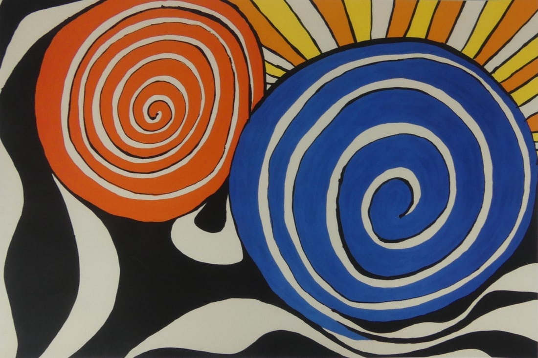 ALEXANDER CALDER 'RED & BLUE SWIRL WITH SUN': Alexander Calder "Red and Blue Swirl with Sun' print in colors on wove paper aside from the edition of 99. Sheet measures 28 3/4" x 19 3/4".