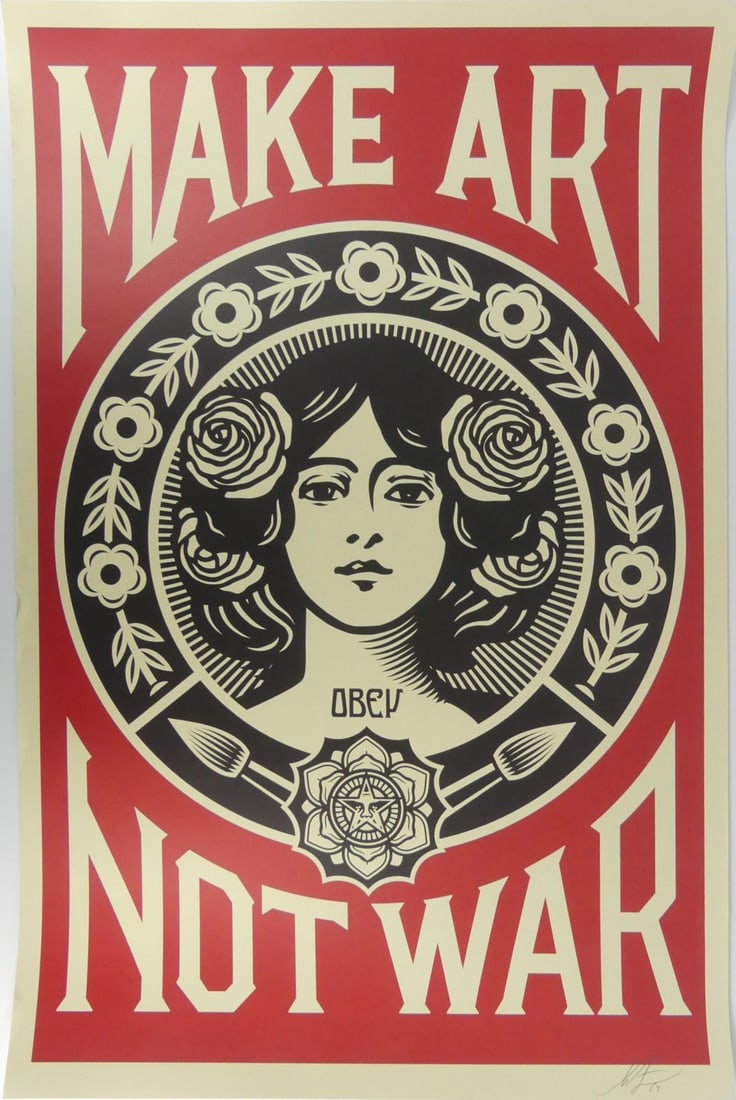 SHEPARD FAIREY 'MAKE ART NOT WAR' LITHO SIGNED: Shepard (Sheppard) Fairey (American, b. 1970) offset lithograph titled 'Make Art Not War'. Pencil signed lower right. Measures 36" x 24".