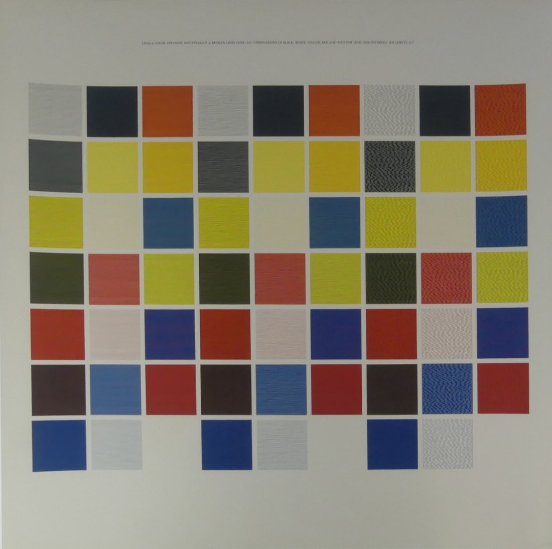 SOL LEWITT 'LINES & COLOR, STRAIGHT, NOT-STRAIGHT': Sol Lewitt 'Lines and color, straight, not-straight and broken lines using all combinations of black, white, yellow, red and blue for lines and intervals, 1977'. Signed in the plate lower right. Sheet