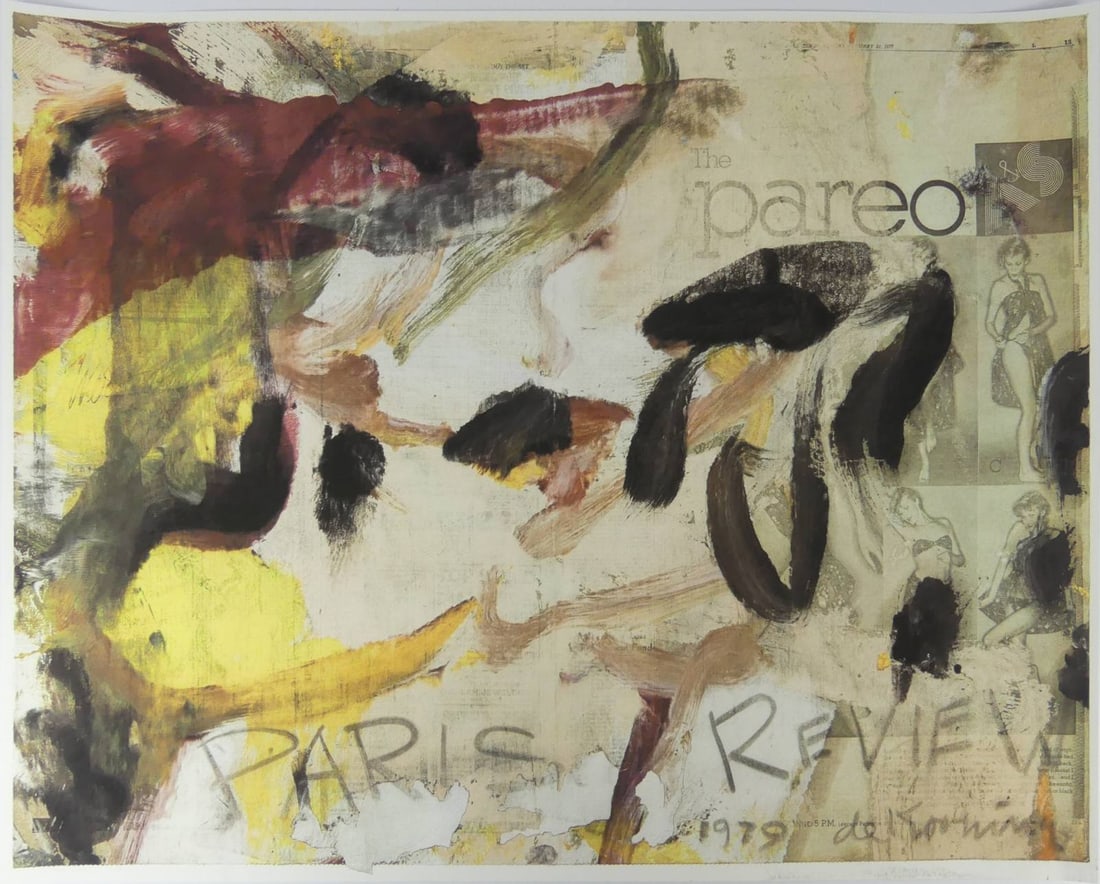 WILLEM DE KOONING 'PARIS REVIEW': Willem de Kooning 'Paris Review' offset print in colors on wove paper. Signed and dated in the plate lower right. Sheet measures 34 1/2" x 27 1/2". Note: Discoloration to lower right margin.