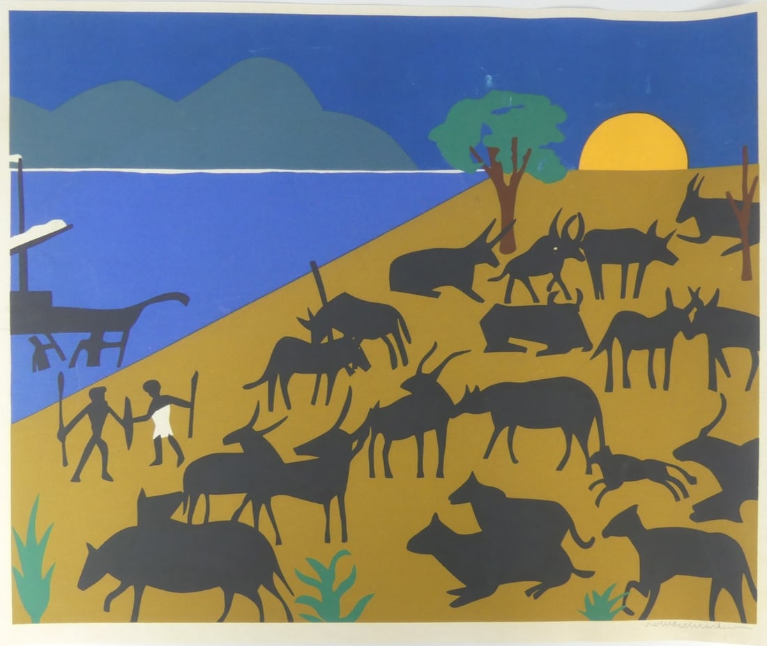 ROMARE BEARDEN 'CATTLE OF THE SUN GOD': Romare Bearden 'Cattle of the Sun God' print in colors on wove paper aside from the edition of 75. Pencil signed lower right. Sheet measures 29" x 24".