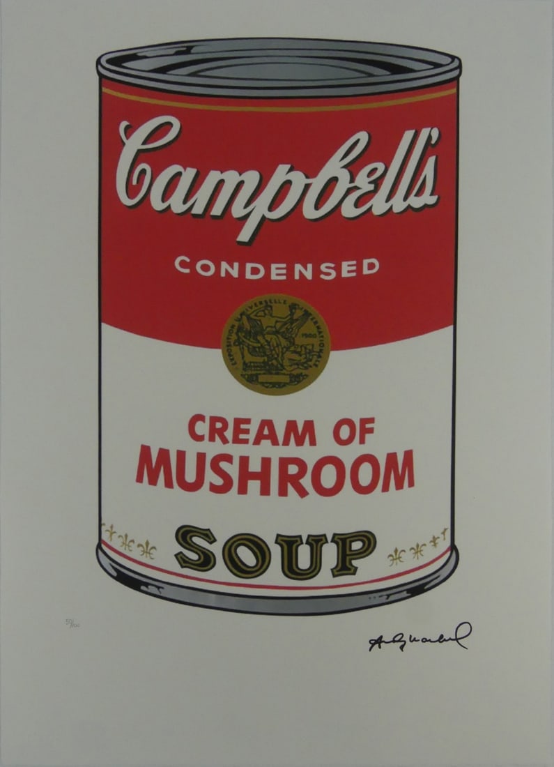 ANDY WARHOL 'CAMPBELL'S SOUP' LITHOGRAPH: Andy Warhol 'Campbell's Cream of Mushroom Soup' lithograph. Signed in the plate lower right. Numbered in pencil 50/100 and holds blindstamp lower left. Stamped to verso. Sheet measures 22 1/2" x 15 1/