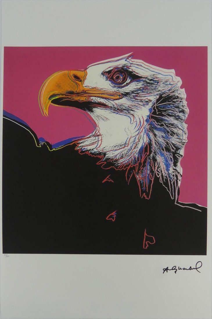 ANDY WARHOL 'BALD EAGLE' LITHOGRAPH: Andy Warhol 'Bald Eagle' lithograph. Signed in the plate lower right. Numbered in pencil 33/100 and holds blindstamp lower left. Stamped to verso. Sheet measures 22 1/2" x 15 1/8".