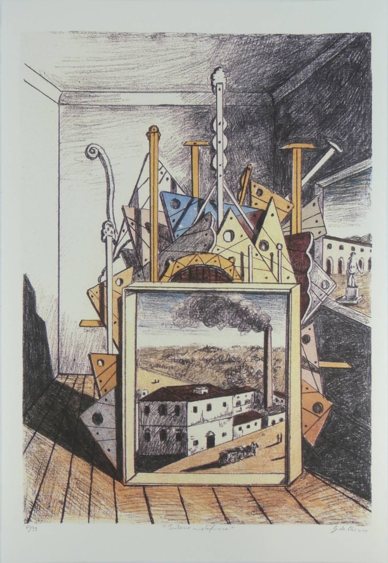 GIORGIO DE CHIRICO 'INTERNO METAFISICO' LITHOGRAPH: Giorgio de Chirico 'Interno Metafisico' lithograph. Pencil signed, titled and numbered 60/99 lower edge. Holds blindstamps to lower edge. Sheet measures 27 1/2" x 19 3/8".