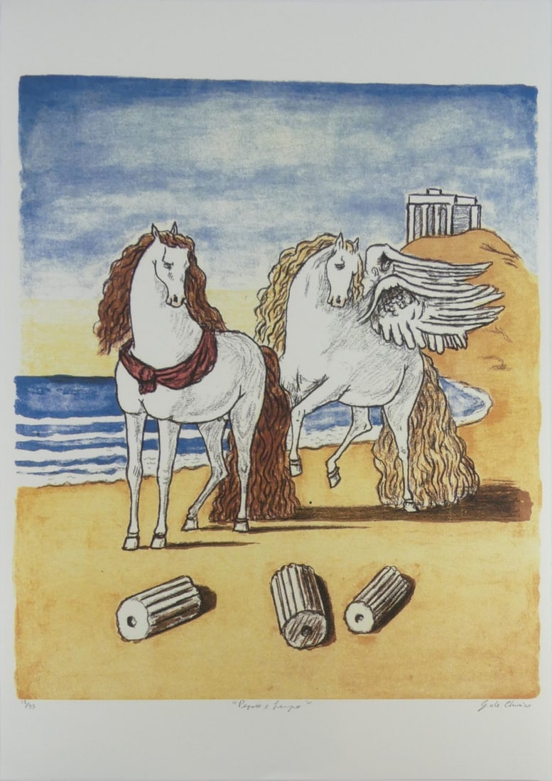 GIORGIO DE CHIRICO ' PEGASO E LAMPO' LITHOGRAPH: Giorgio de Chirico 'Pegaso e Lampo' lithograph. Pencil signed, titled, and numbered 18/99 lower edge. Holds blindstamps to lower edge. Sheet measures 27 1/2" x 19 3/8".