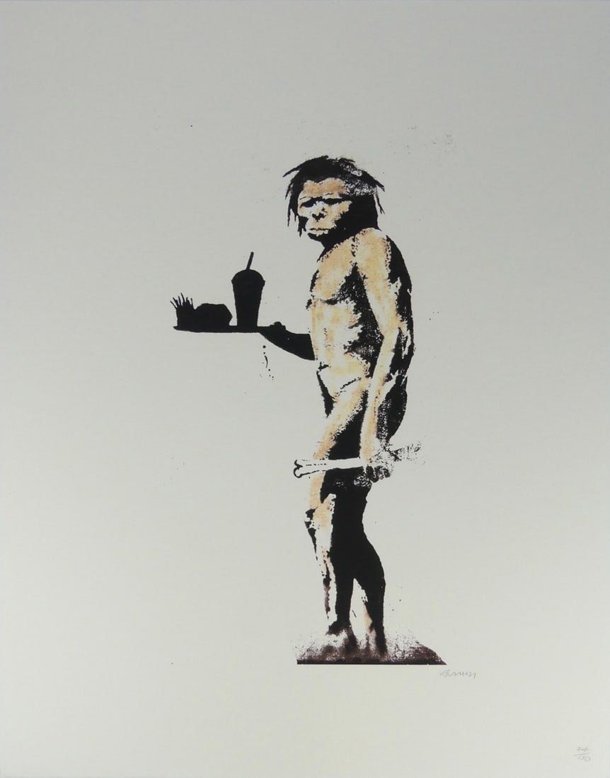 BANKSY 'CAVEMAN FAST FOOD' LITHOGRAPH: Banksy 'Caveman Fast Food' lithograph. Pencil signed and numbered 74/150 lower right. Holds blindstamp lower left. Sheet measures 27 5/8' x 19 5/8".