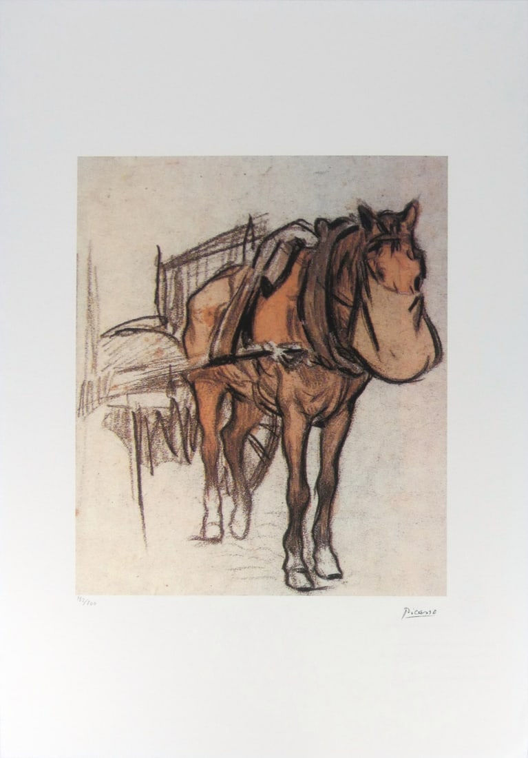 PABLO PICASSO 'CHEVAL ATTELE' LITHOGRAPH: Pablo Picasso 'Cheval Attele' lithograph. Stamped signature lower right. Numbered in pencil 182/200 and holds blindstamp lower left. Marked Copyright Foundation Pablo Picasso to verso. Sheet measures 
