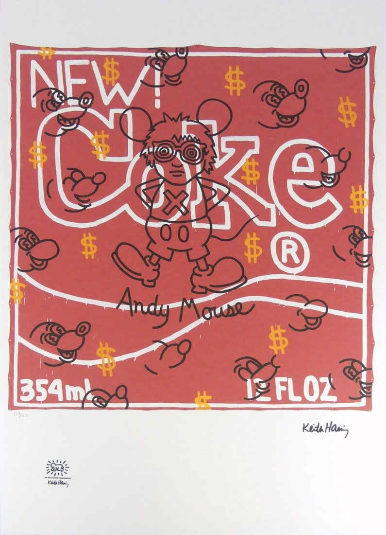 KEITH HARING 'ANDY MOUSE - NEW COKE' LITHOGRAPH: Keith Haring 'Andy Mouse - New Coke' lithograph. Signed in the plate lower right. Numbered in pencil 126/150 and holds blindstamp lower left. Sheet measures 27 5/8" x 19 5/8".