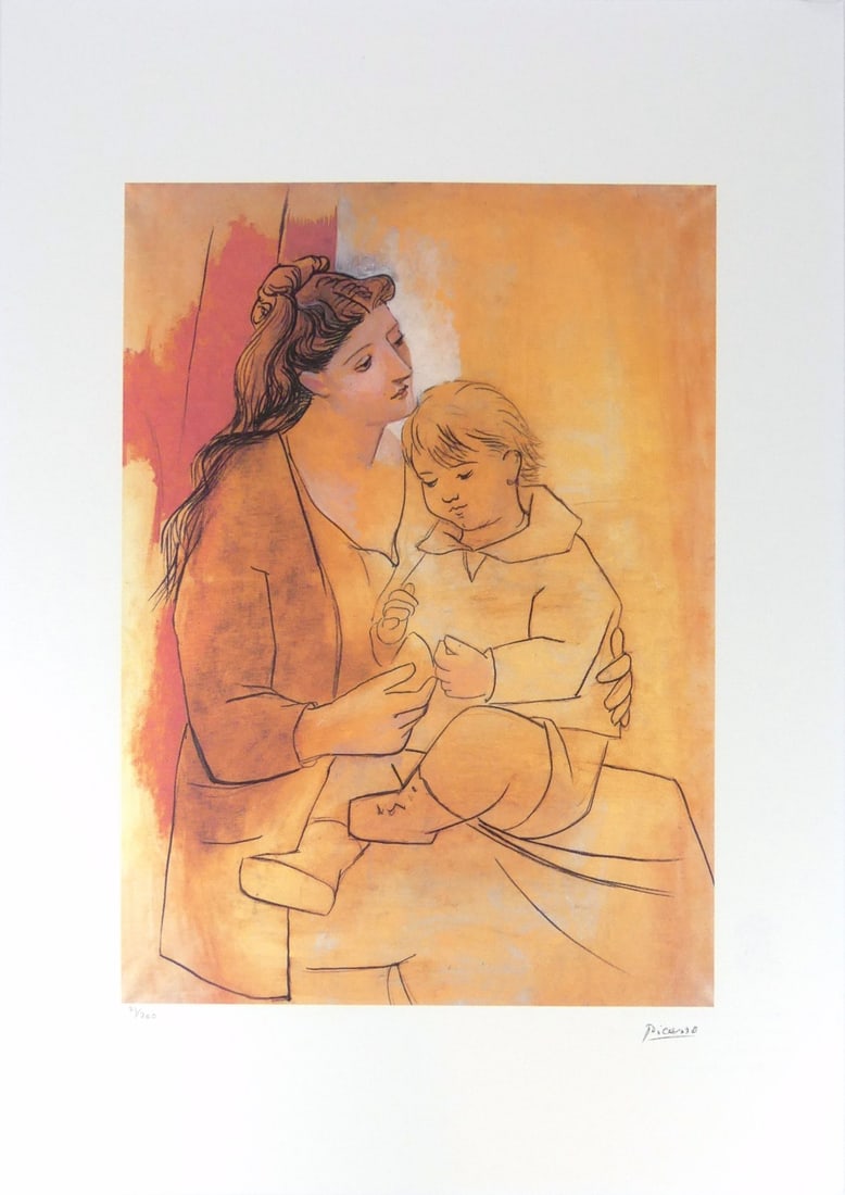 PABLO PICASSO 'MOTHER AND CHILD' LITHOGRAPH: Pablo Picasso 'Mother and Child' lithograph. Stamped signature lower right. Numbered in pencil 71/200 and holds blind stamp lower left. Marked Copyright Foundation Pablo Picasso to verso. Sheet measur