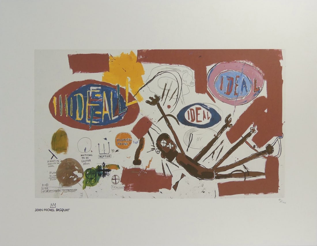 JEAN-MICHAEL BASQUIAT 'IDEAL' LITHOGRAPH: Jean-Michael Basquiat 'Ideal' lithograph. Signed in the plate lower left. Numbered in pencil 41/100 and holds blindstamp lower right. Sheet measures 27 5/8" x 19 5/8".