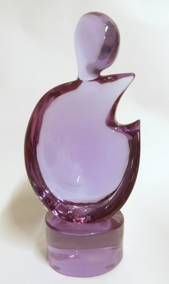LOREDANO ROSIN MURANO GLASS SCULPTURE: Loredano Rosin Murano figural art glass sculpture. Amethyst in color. Signed to base. Measures 18 1/2" x 9 1/2" x 7".