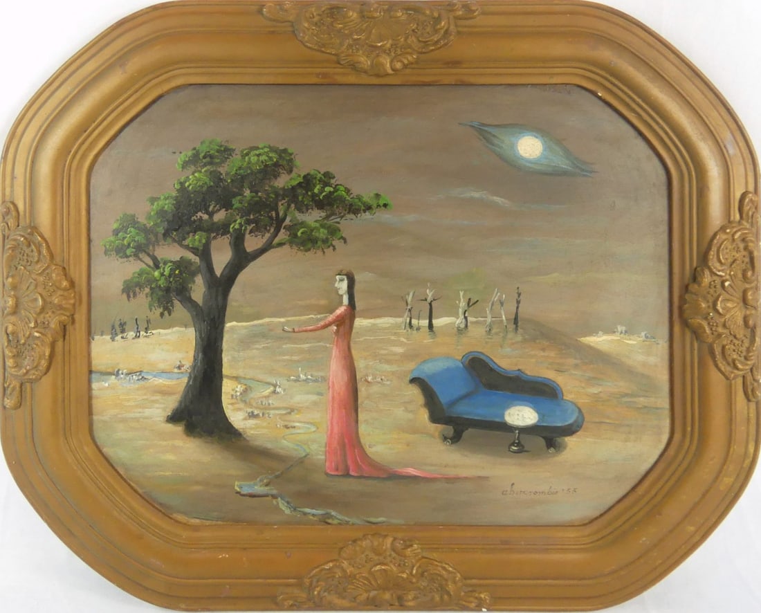 GERTRUDE ABERCROMBIE OIL PAINTING ON PANEL: Style of Gertrude Abercrombie (American, 1909-1977) oil painting on board depicting a woman in red dress facing a tree and small stream. Signed and dated 1955 lower right. Viewable measures 18 3/4" x