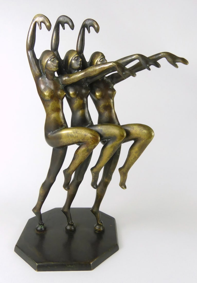 HENRI LAUTIER 'THREE DANCERS' BRONZE SCULPTURE: Henri Lautier 'Three Dancers' Art Deco bronze sculpture with octagonal bronze base. Signed to base. Measures 12 1/2" x 7" x 6".