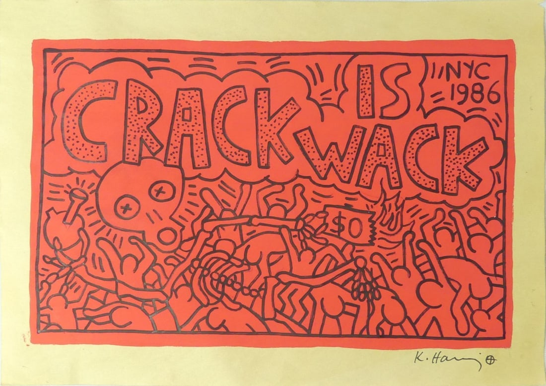 KEITH HARING 'CRACK IS WACK' PAINTING ON PAPER: Mixed media painting on paper in the manner of Keith Haring. Titled 'Crack is Wack'. Marked NYC 1986 upper right. Hand signed to lower right margin. Stamped to verso. Sheet measures 11 5/8" X 8 1/4".