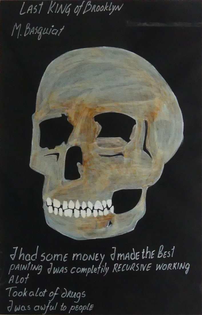 JEAN MICHEL BASQUIAT [AFTER] 'SKULL' PAINTING: Mixed media painting on black paper depicting a skull after Jean Michel Basquiat. Signed and inscribed 'Last King of Brooklyn' upper left. Viewable measures 19" x 12 1/4". Frame measures 25 1/2" x 19"