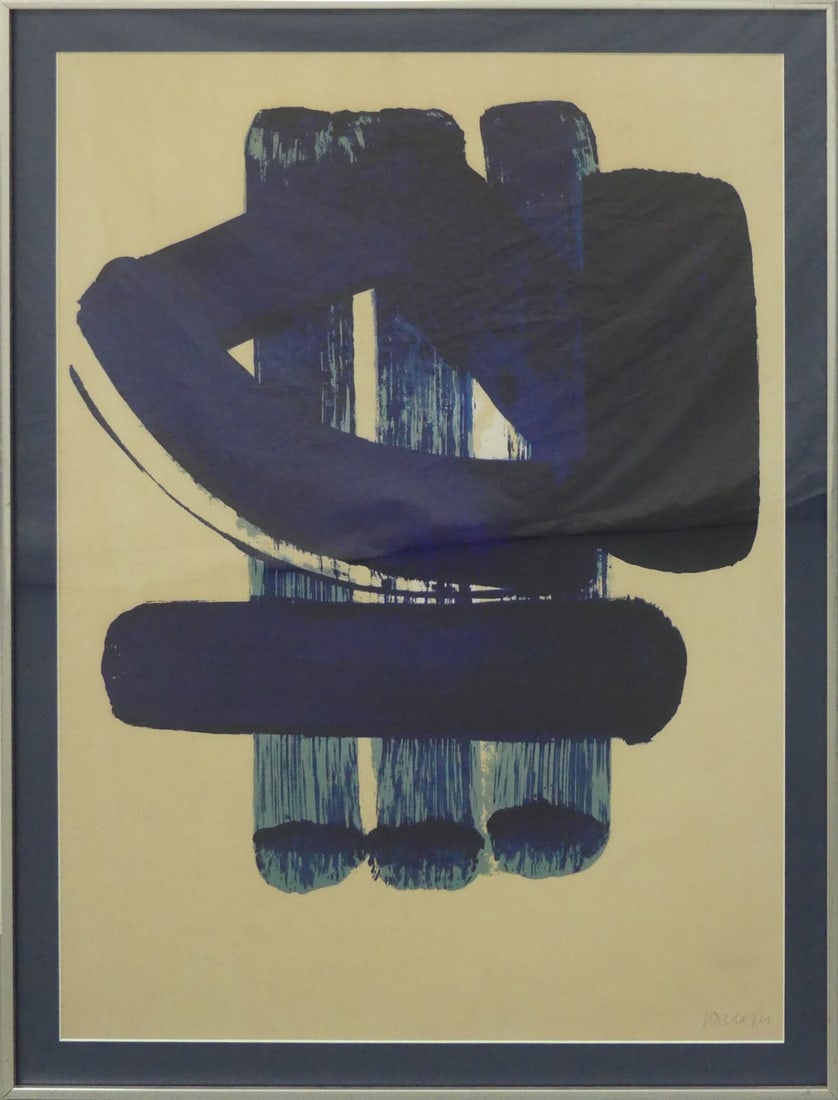 PIERRE SOULAGES 'THE SPRING OF POETS': Pierre Soulages print in colors for 'The Spring of Poets'. Signed in the plate lower right. Viewable measures 30" x 22". Frame measures 33 1/4" x 25 1/4".