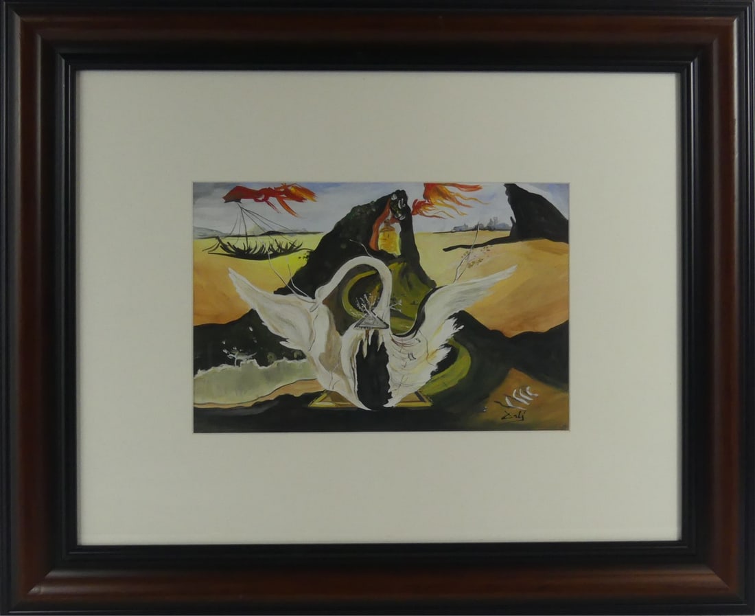 SALVADOR DALI (AFTER) 'BACCHANALE' MIXED MEDIA: Mixed media painting on paper depicting the set design for Bacchanale after Salvador Dali. Signed lower right. Stamped and holds label to verso. Viewable measures 12" x 8 1/4". Frame measures 24 1/2" 