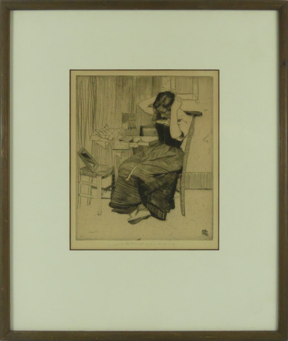 WILLIAM LEE HANKEY 'LA TOILETTE' DRYPOINT ETCHING: William Lee Hankey (British, 1869-1952) 'La Toilette' drypoint etching. Pencil signed and holds blindstamp to lower margin. Viewable measures 8 1/2" x 7". Frame measures 16" x 13 1/2" x 1 1/4".