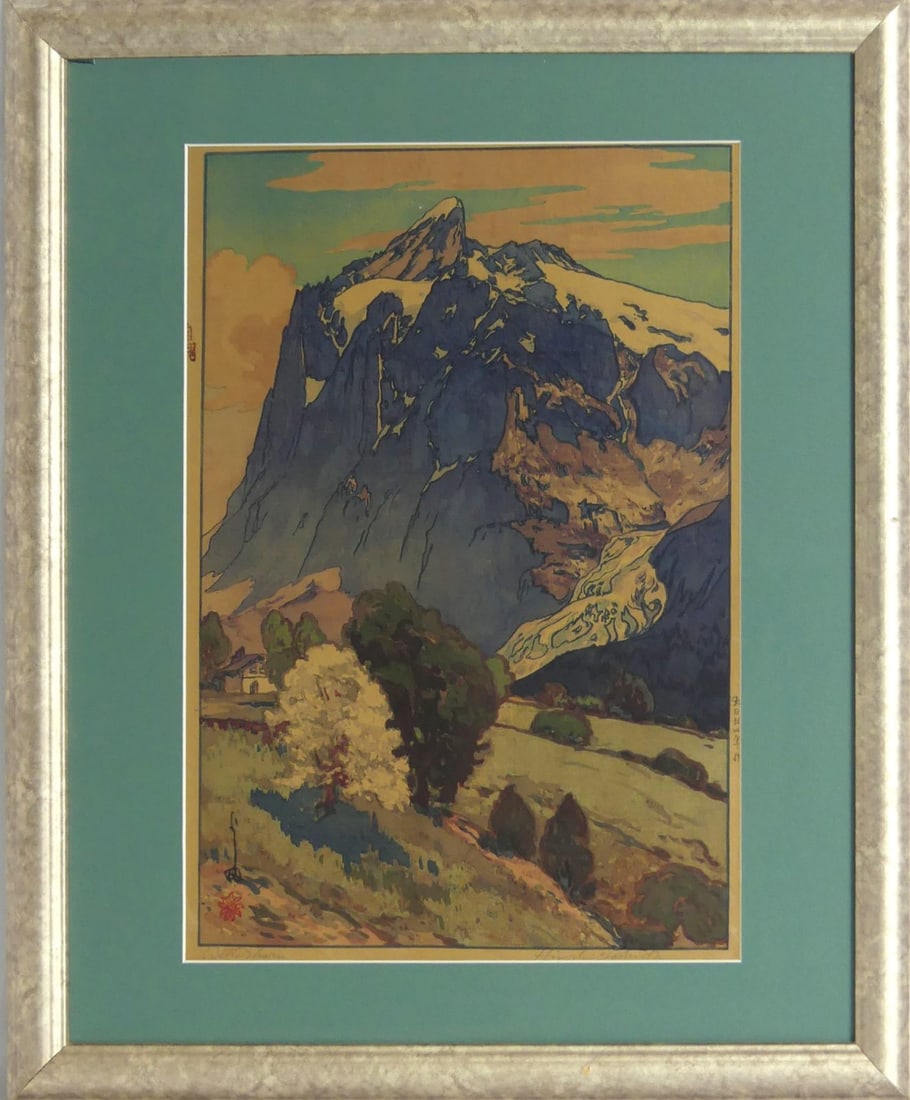 HIROSHI YOSHIDA 'WETTERHORN': Hiroshi Yoshida 'Wetterhorn' woodblock style print. Signed and titled in the plate to lower margin. Viewable measures 15" x 10 1/2". Frame measures 20 3/4" x 17 3/4".