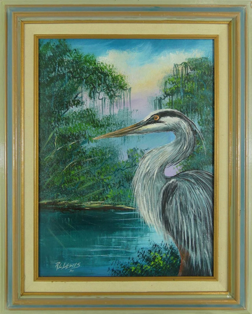 ROBERT 'RL' LEWIS HIGHWAYMEN OIL PAINTING / CANVAS: Robert "RL" Lewis (b.1941) Highwaymen oil painting on canvas depicting a Blue Heron. Signed lower left. Signed to verso. Viewable measures 15 3/8" x 11 1/2". Frame measures 20 3/4" x 16 3/4" x 1 5/8".