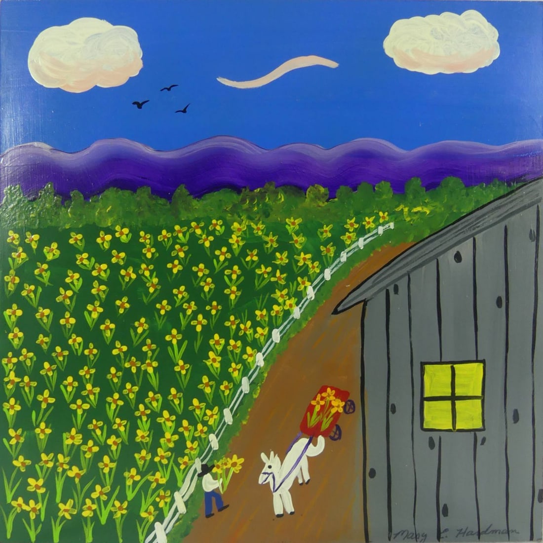 MARY E HARDMAN FOLK ART OIL PAINTING ON BOARD: Mary E Hardman Folk Art oil painting on board depicting a figure and horse drawn cart beside a field of flowers. Signed lower right. Measures 12 5/8" x 12 5/8".
