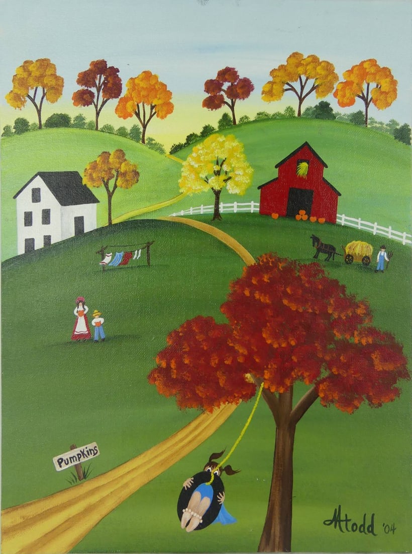 KAREN TODD FOLK ART OIL PAINTING ON BOARD: Karen Todd Folk Art oil painting on canvas board depicting an autumn landscape with farmer, horse drawn cart, pumpkins and girl on tire swing. Signed and dated 2004 lower right. Measures 17 7/8" x 13 